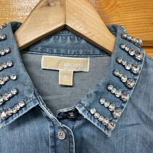 Michael Kors Medium Wash Women's Rhinestone Collar Denim Shirt, Sz. M - Picture 4 of 6